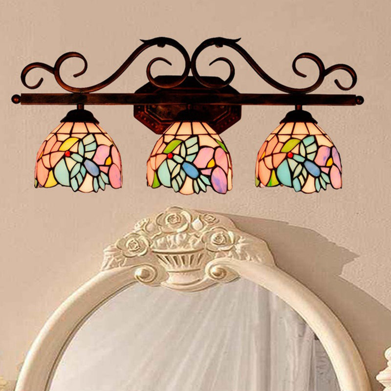 Vintage 3 Lights Vanity Wall Sconce Tiffany Vanity Lamps Bathroom in Multi-Color Glass Shade Multi-Color Clearhalo 'Vanity Lights' 'Wall Lights' Lighting' 2617309