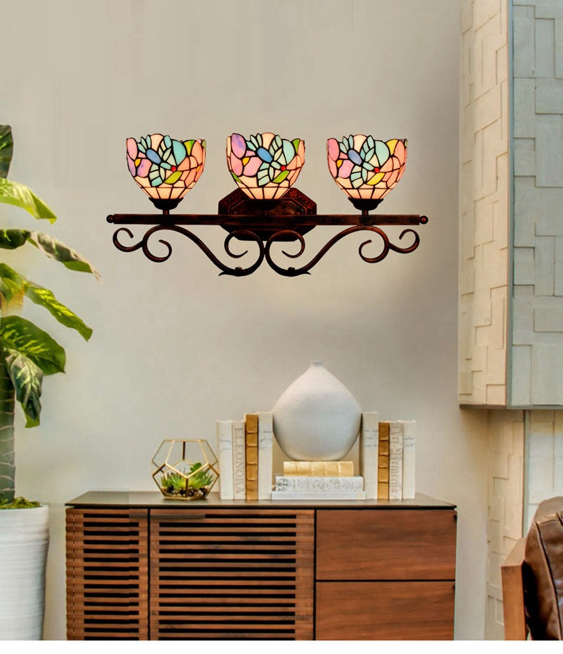 Vintage 3 Lights Vanity Wall Sconce Tiffany Vanity Lamps Bathroom in Multi-Color Glass Shade Clearhalo 'Vanity Lights' 'Wall Lights' Lighting' 2617311