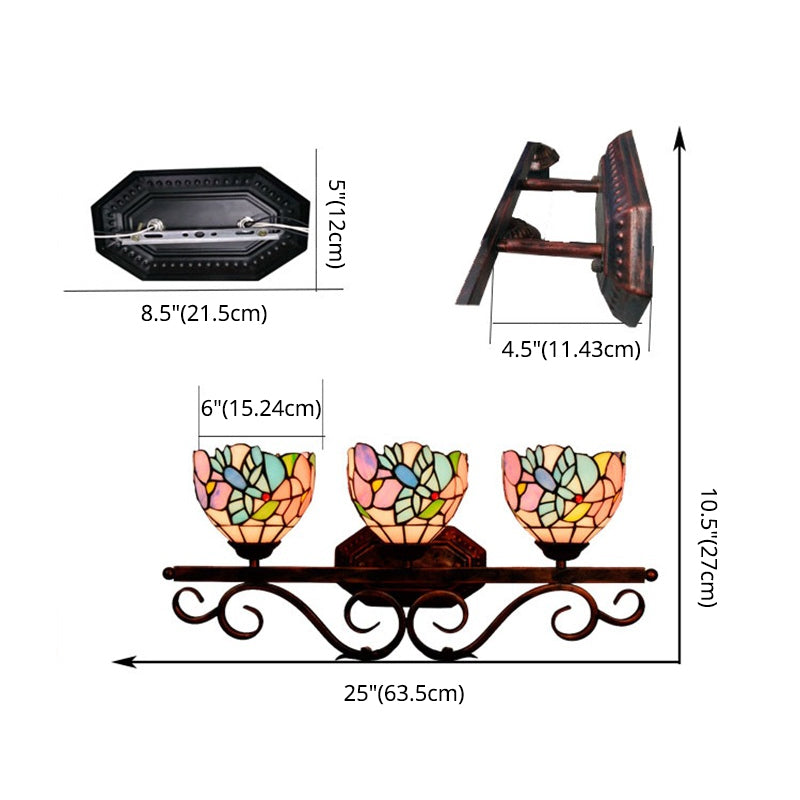 Vintage 3 Lights Vanity Wall Sconce Tiffany Vanity Lamps Bathroom in Multi-Color Glass Shade Clearhalo 'Vanity Lights' 'Wall Lights' Lighting' 2617314