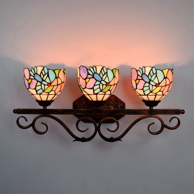 Vintage 3 Lights Vanity Wall Sconce Tiffany Vanity Lamps Bathroom in Multi-Color Glass Shade Clearhalo 'Vanity Lights' 'Wall Lights' Lighting' 2617315