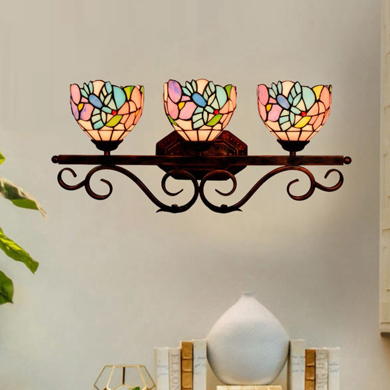 Vintage 3 Lights Vanity Wall Sconce Tiffany Vanity Lamps Bathroom in Multi-Color Glass Shade Clearhalo 'Vanity Lights' 'Wall Lights' Lighting' 2617316