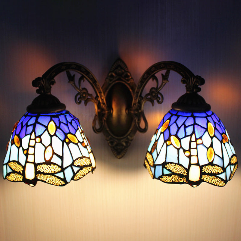 Tiffany Vanity Lamp 2 Lights Dragonfly Vanity Wall Sconce with Multi-Color for Mirror Cabinet Blue Clearhalo 'Vanity Lights' 'Wall Lights' Lighting' 2617335