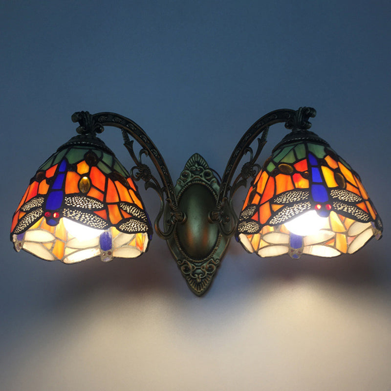Tiffany Vanity Lamp 2 Lights Dragonfly Vanity Wall Sconce with Multi-Color for Mirror Cabinet Clearhalo 'Vanity Lights' 'Wall Lights' Lighting' 2617336