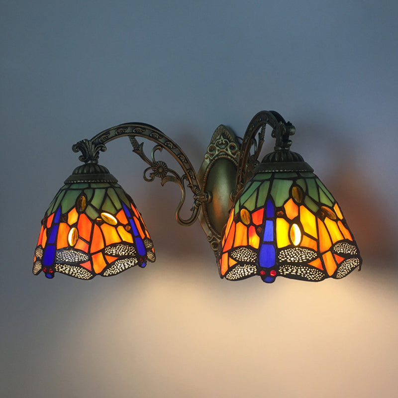 Tiffany Vanity Lamp 2 Lights Dragonfly Vanity Wall Sconce with Multi-Color for Mirror Cabinet Clearhalo 'Vanity Lights' 'Wall Lights' Lighting' 2617337