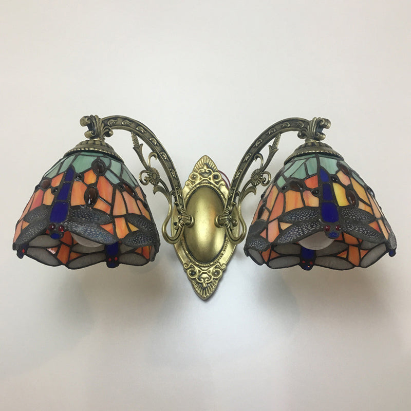 Tiffany Vanity Lamp 2 Lights Dragonfly Vanity Wall Sconce with Multi-Color for Mirror Cabinet Clearhalo 'Vanity Lights' 'Wall Lights' Lighting' 2617339