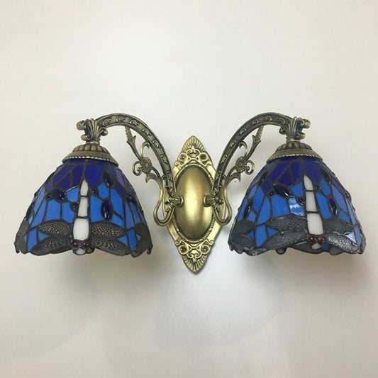 Tiffany Vanity Lamp 2 Lights Dragonfly Vanity Wall Sconce with Multi-Color for Mirror Cabinet Clearhalo 'Vanity Lights' 'Wall Lights' Lighting' 2617340