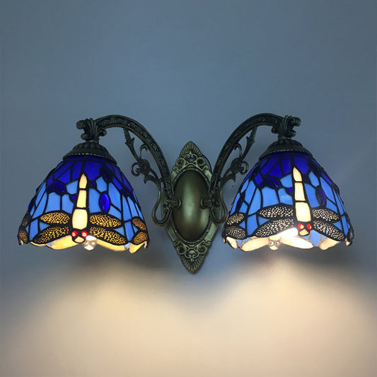 Tiffany Vanity Lamp 2 Lights Dragonfly Vanity Wall Sconce with Multi-Color for Mirror Cabinet Clearhalo 'Vanity Lights' 'Wall Lights' Lighting' 2617341