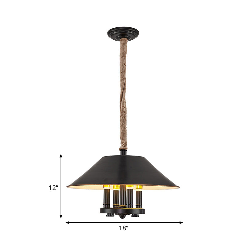 Black Cone Shade Hanging Chandelier Lamp Vintage 4 Lights Metal Pendant Lamp for Dining Room Clearhalo 'Cast Iron' 'Ceiling Lights' 'Chandeliers' 'Industrial Chandeliers' 'Industrial' 'Metal' 'Middle Century Chandeliers' 'Rustic Chandeliers' 'Tiffany' Lighting' 261738