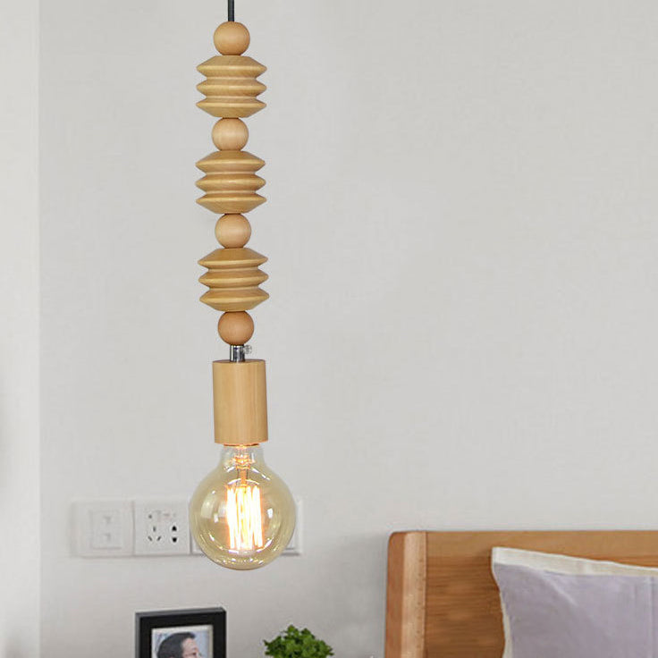 Spherical Bead Wood Hanging Lamp Lodge Style 1 Light Bedside Pendant Lighting with Bare Bulb, 12.5"/14" Height Clearhalo 'Ceiling Lights' 'Industrial Pendants' 'Industrial' 'Middle Century Pendants' 'Pendant Lights' 'Pendants' 'Tiffany' Lighting' 26174