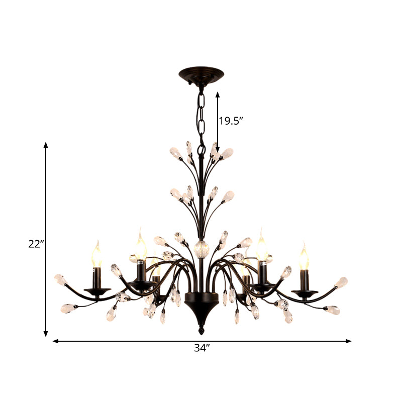Exposed Bulb Metal Ceiling Chandelier Vintage 3/6/9 Lights Living Room Suspension Lighting in Black with Crystal Draping Clearhalo 'Ceiling Lights' 'Chandeliers' Lighting' options 261825