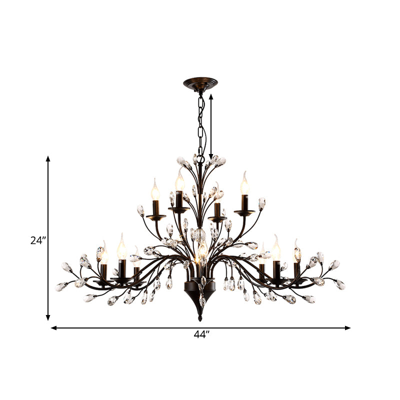 Exposed Bulb Metal Ceiling Chandelier Vintage 3/6/9 Lights Living Room Suspension Lighting in Black with Crystal Draping Clearhalo 'Ceiling Lights' 'Chandeliers' Lighting' options 261827