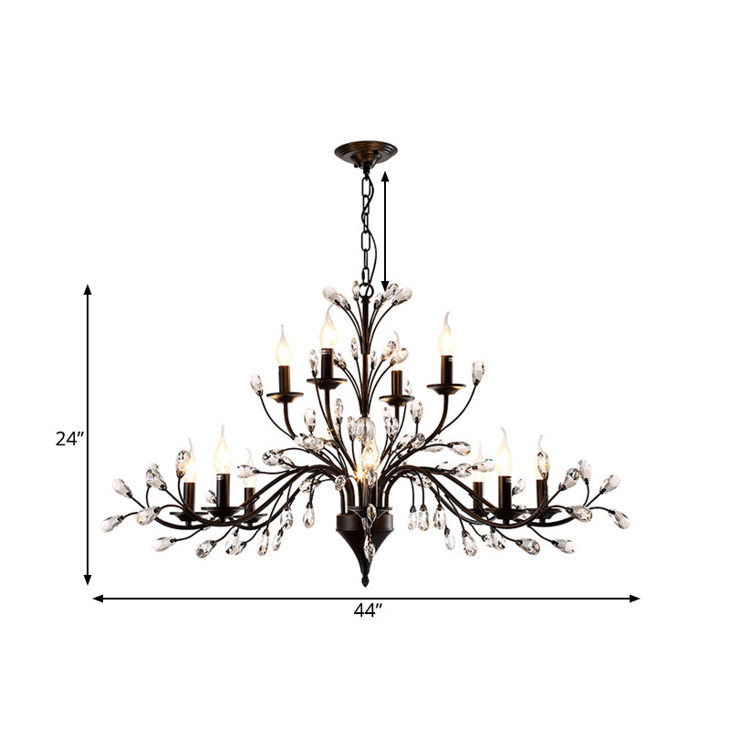 Exposed Bulb Metal Ceiling Chandelier Vintage 3/6/9 Lights Living Room Suspension Lighting in Black with Crystal Draping Clearhalo 'Ceiling Lights' 'Chandeliers' Lighting' options 261827