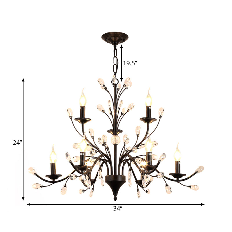 Exposed Bulb Metal Ceiling Chandelier Vintage 3/6/9 Lights Living Room Suspension Lighting in Black with Crystal Draping Clearhalo 'Ceiling Lights' 'Chandeliers' Lighting' options 261828