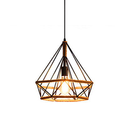 1 Light Diamond Cage Hanging Ceiling Lights Creative Industrial Metal Pendant Light Fixtures for Restaurant Black 10" Clearhalo 'Ceiling Lights' 'Pendant Lights' 'Pendants' Lighting' 2618295_7e1f9dee-98d8-452b-adfc-f1affda1bf93