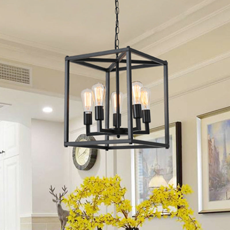 Black Cage Hanging Lamp Industrial Retro Metal Diner Pendant Chandelier in Square Shape Clearhalo 'Ceiling Lights' 'Chandeliers' Lighting' 2618445