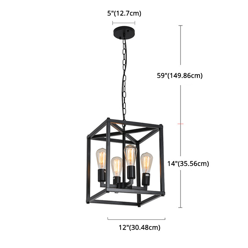 Black Cage Hanging Lamp Industrial Retro Metal Diner Pendant Chandelier in Square Shape Clearhalo 'Ceiling Lights' 'Chandeliers' Lighting' 2618448