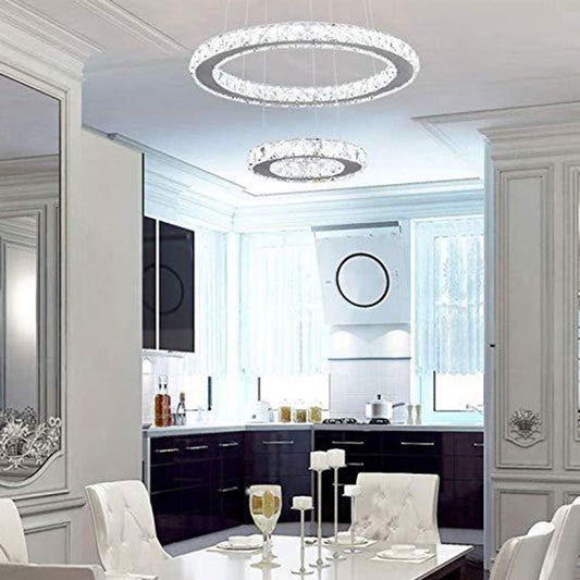 Faceted Crystal Circle LED Pendant Lighting Simplicity Stainless Steel Chandelier for Dining Room Stainless-Steel White
