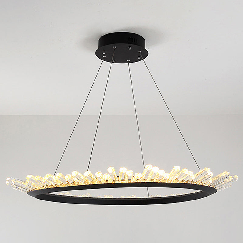 Minimalist Ring-Shape LED Chandelier Crystal Stick Living Room Hanging Light in Black Black Sputnik Clearhalo 'Ceiling Lights' 'Chandeliers' Lighting' 2618689