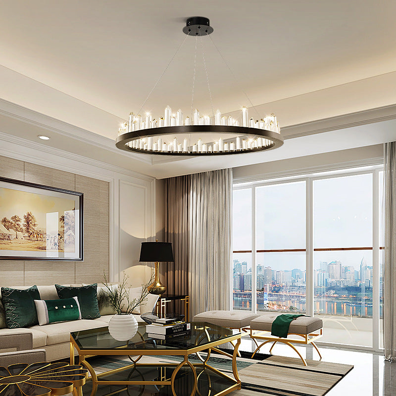 Minimalist Ring-Shape LED Chandelier Crystal Stick Living Room Hanging Light in Black Clearhalo 'Ceiling Lights' 'Chandeliers' Lighting' 2618690
