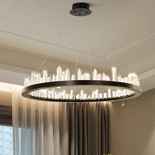 Minimalist Ring-Shape LED Chandelier Crystal Stick Living Room Hanging Light in Black Clearhalo 'Ceiling Lights' 'Chandeliers' Lighting' 2618692