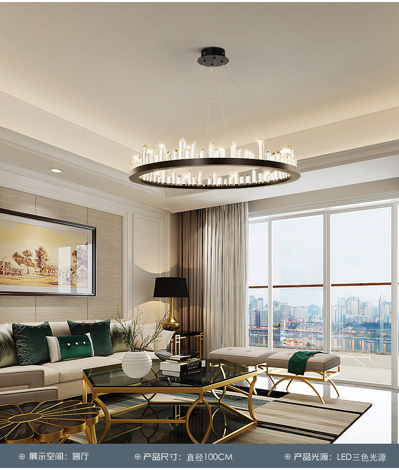 Minimalist Ring-Shape LED Chandelier Crystal Stick Living Room Hanging Light in Black Clearhalo 'Ceiling Lights' 'Chandeliers' Lighting' 2618708