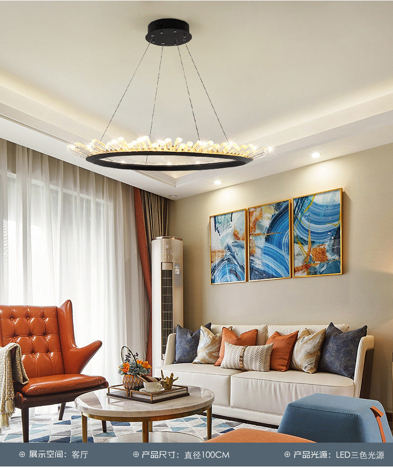 Minimalist Ring-Shape LED Chandelier Crystal Stick Living Room Hanging Light in Black Clearhalo 'Ceiling Lights' 'Chandeliers' Lighting' 2618709