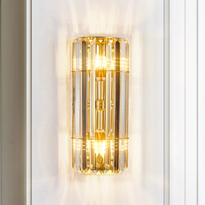 Cylindrical Sconce Lighting Vintage Style Clear Crystal 2/3-Heads Golden Wall Mounted Lamp for Hallway 2.0 Gold Clearhalo 'Modern wall lights' 'Modern' 'Wall Lamps & Sconces' 'Wall Lights' Lighting' 261872