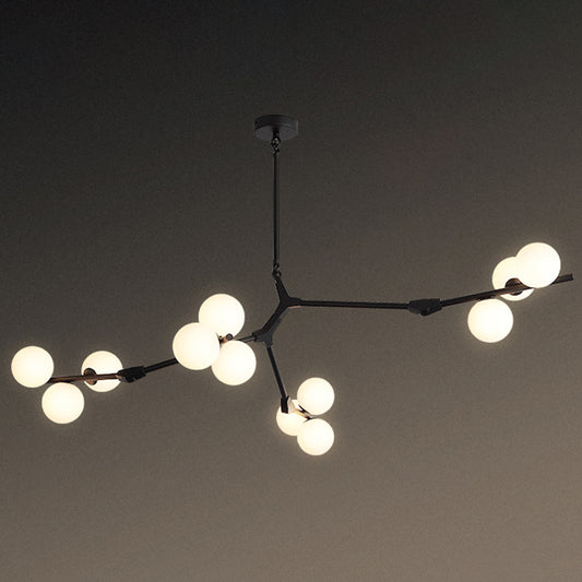 Tree Branch Suspension Light Minimalistic Metal Dining Room Chandelier with Ball White Glass Shade 12 Black