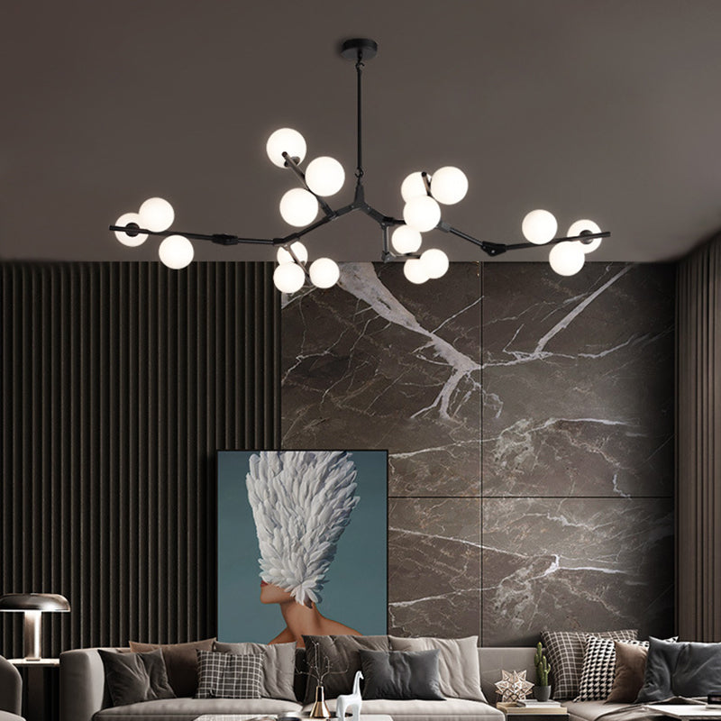Tree Branch Suspension Light Minimalistic Metal Dining Room Chandelier with Ball White Glass Shade Clearhalo 'Ceiling Lights' 'Chandeliers' Lighting' 2618827
