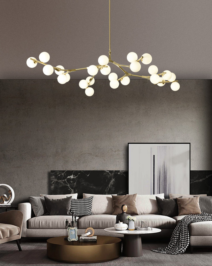 Tree Branch Suspension Light Minimalistic Metal Dining Room Chandelier with Ball White Glass Shade Clearhalo 'Ceiling Lights' 'Chandeliers' Lighting' 2618841