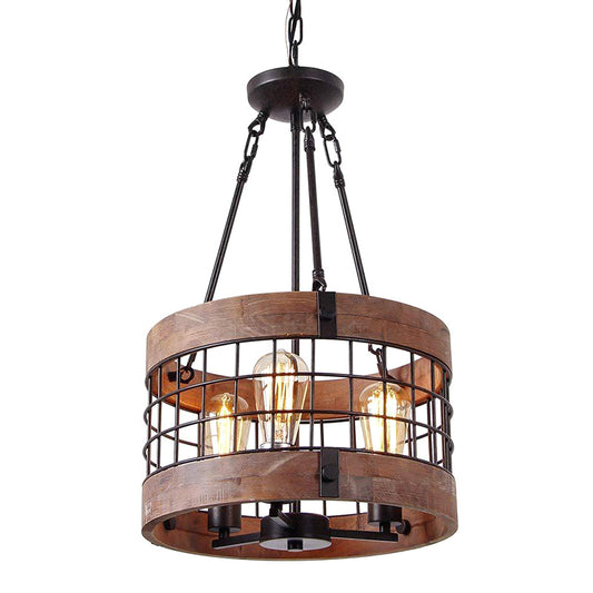 Brown Grid Cage Drum Chandelier Rustic Metal Dining Room Suspension Pendant Light 3 Brown