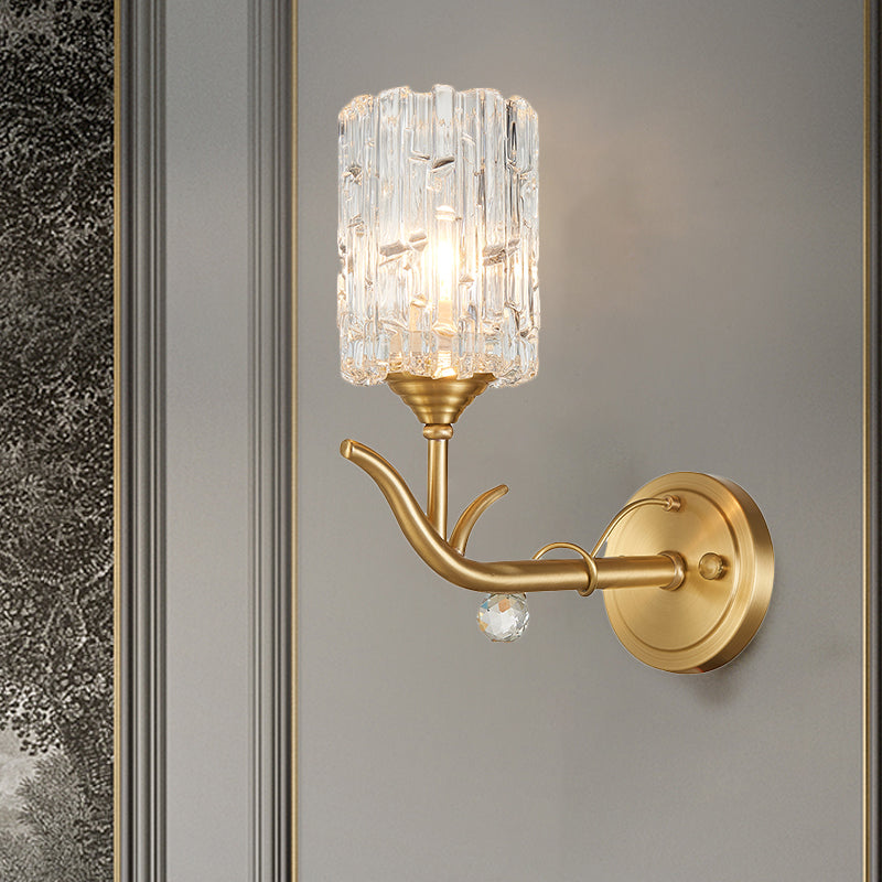 Cylindrical Corridor Wall Mount Light Clear Glass 1/2-Head Vintage Style Wall Sconce in Gold Finish 1.0 Gold Clearhalo 'Modern wall lights' 'Modern' 'Wall Lamps & Sconces' 'Wall Lights' Lighting' 261918