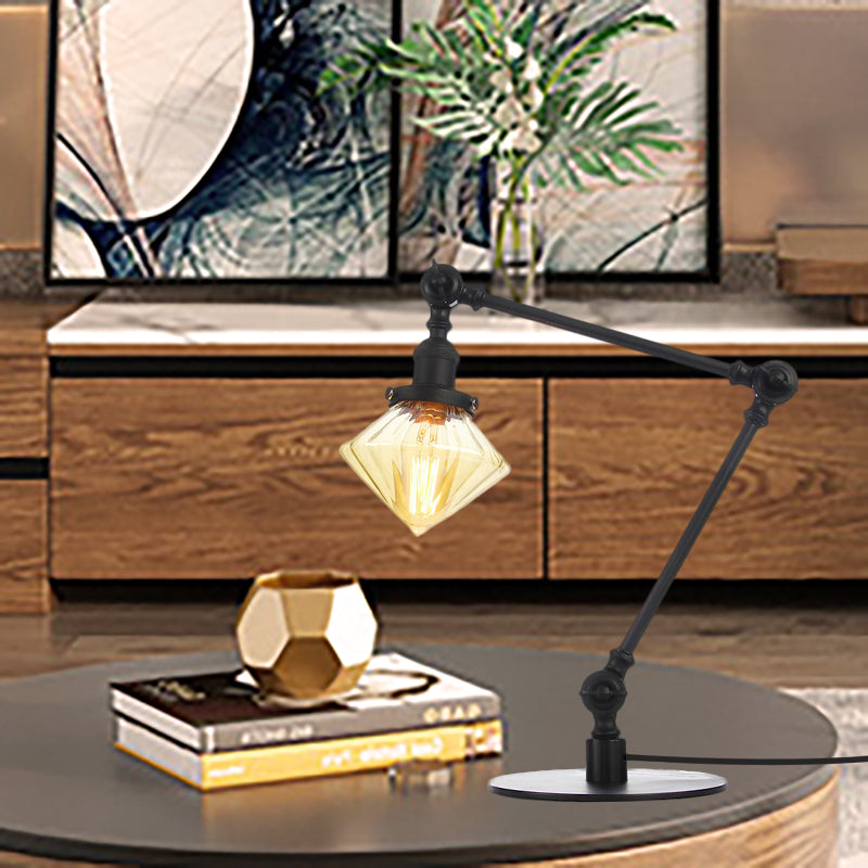 Vintage Diamond Shade Table Lamp Amber/Clear Glass 1 Light Living Room Table Light with Adjustable Arm in Black/Brass Clearhalo 'Lamps' 'Table Lamps' Lighting' 262082