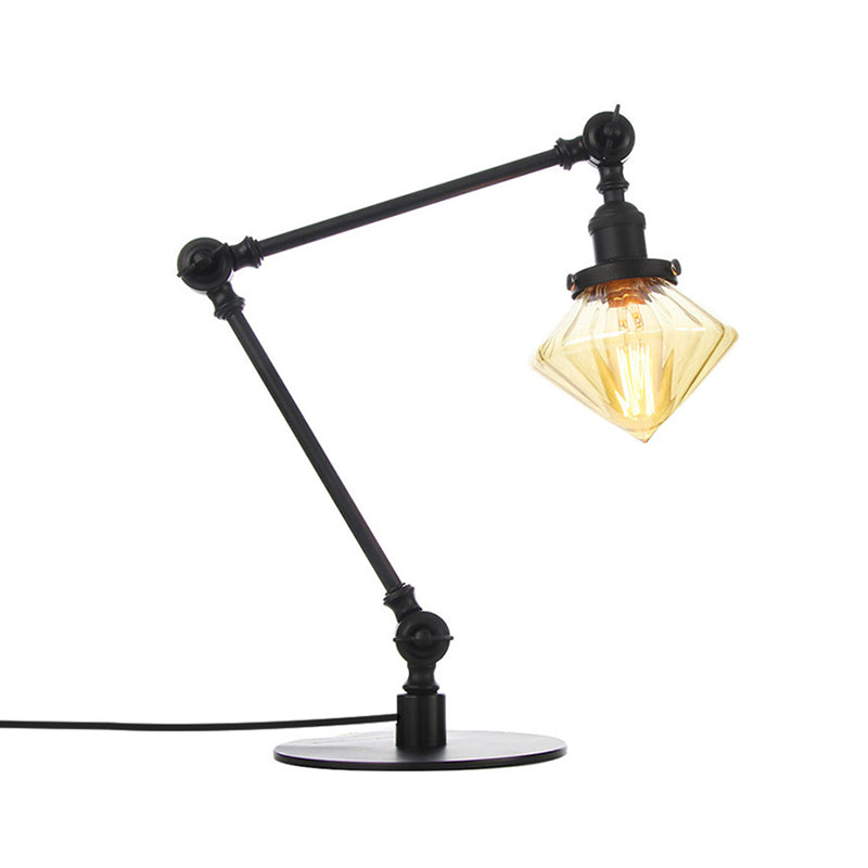 Vintage Diamond Shade Table Lamp Amber/Clear Glass 1 Light Living Room Table Light with Adjustable Arm in Black/Brass Clearhalo 'Lamps' 'Table Lamps' Lighting' 262083