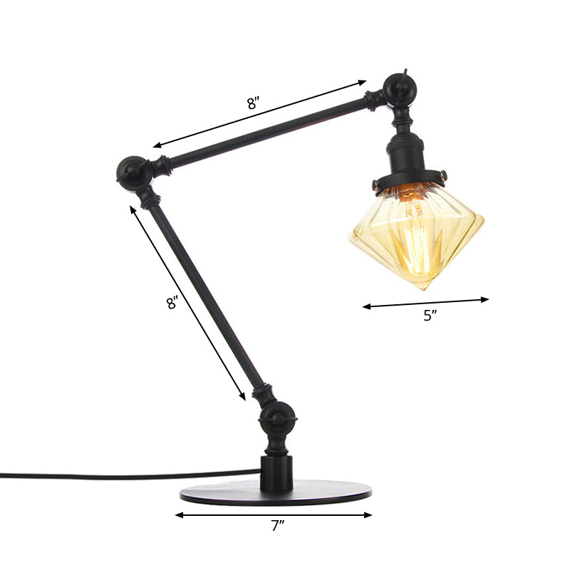 Vintage Diamond Shade Table Lamp Amber/Clear Glass 1 Light Living Room Table Light with Adjustable Arm in Black/Brass Clearhalo 'Lamps' 'Table Lamps' Lighting' 262084