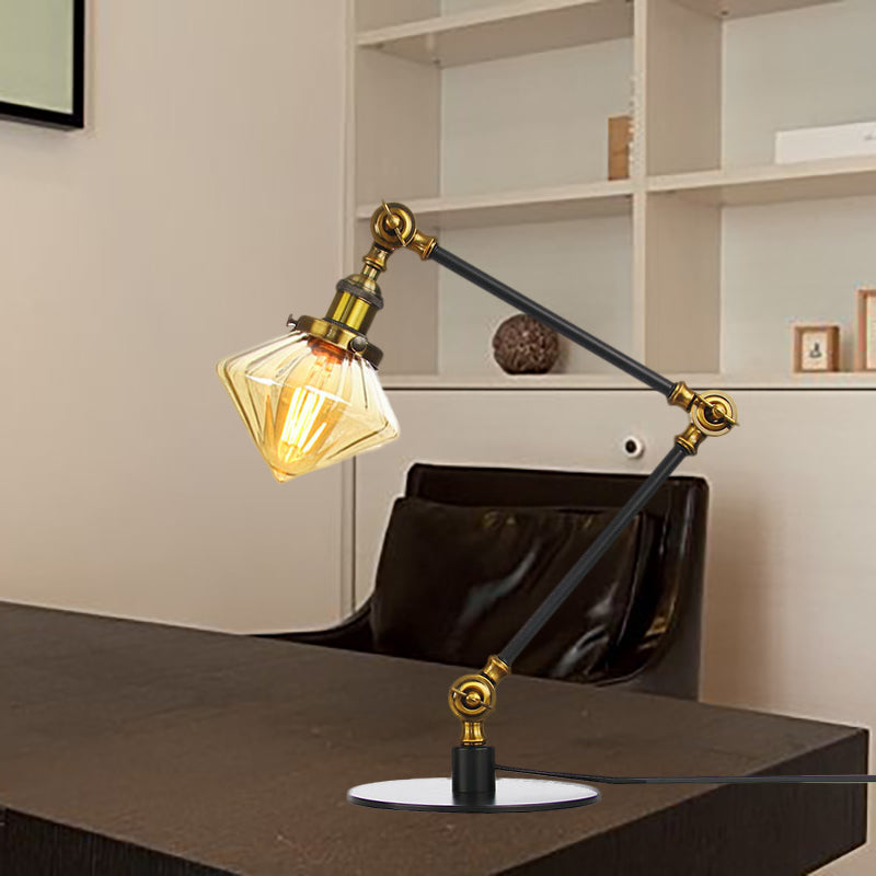 Vintage Diamond Shade Table Lamp Amber/Clear Glass 1 Light Living Room Table Light with Adjustable Arm in Black/Brass Clearhalo 'Lamps' 'Table Lamps' Lighting' 262086