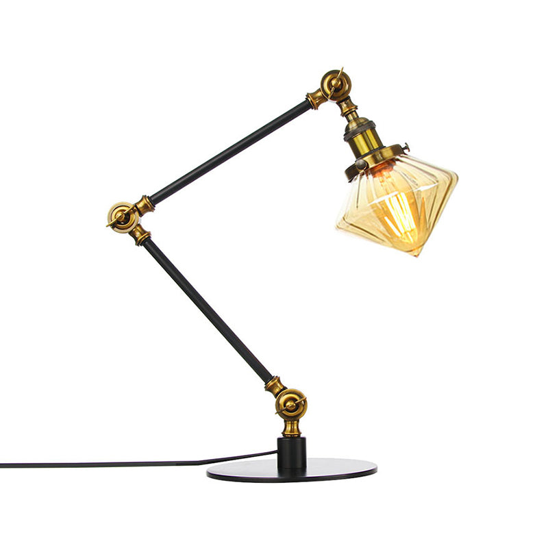 Vintage Diamond Shade Table Lamp Amber/Clear Glass 1 Light Living Room Table Light with Adjustable Arm in Black/Brass Clearhalo 'Lamps' 'Table Lamps' Lighting' 262087