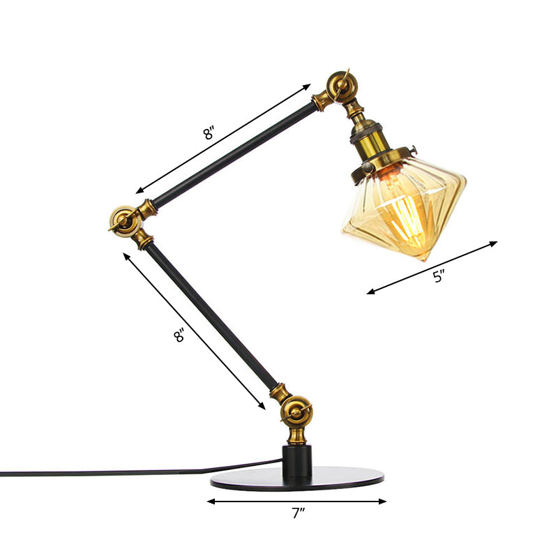 Vintage Diamond Shade Table Lamp Amber/Clear Glass 1 Light Living Room Table Light with Adjustable Arm in Black/Brass Clearhalo 'Lamps' 'Table Lamps' Lighting' 262088