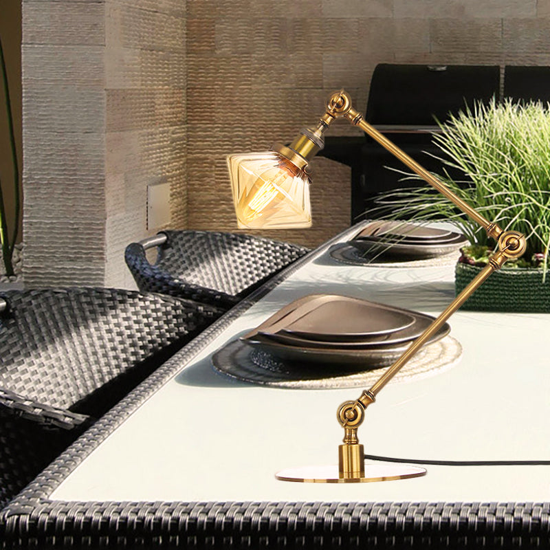 Vintage Diamond Shade Table Lamp Amber/Clear Glass 1 Light Living Room Table Light with Adjustable Arm in Black/Brass Clearhalo 'Lamps' 'Table Lamps' Lighting' 262091