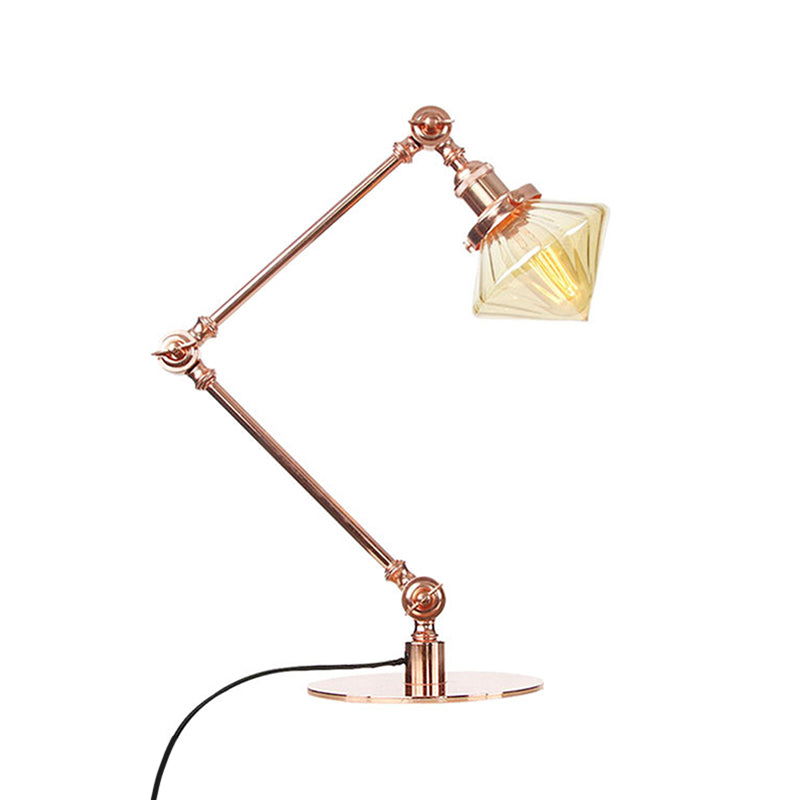 Vintage Diamond Shade Table Lamp Amber/Clear Glass 1 Light Living Room Table Light with Adjustable Arm in Black/Brass Clearhalo 'Lamps' 'Table Lamps' Lighting' 262096