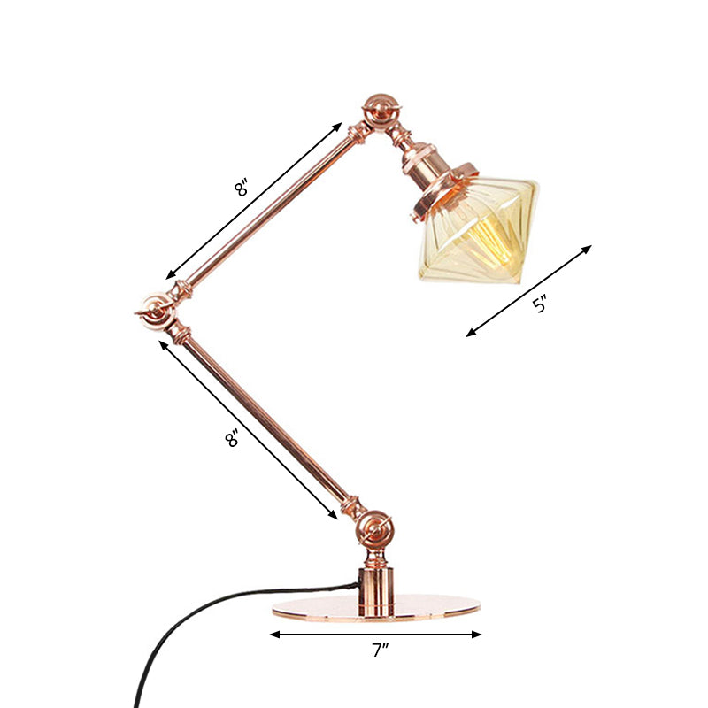Vintage Diamond Shade Table Lamp Amber/Clear Glass 1 Light Living Room Table Light with Adjustable Arm in Black/Brass Clearhalo 'Lamps' 'Table Lamps' Lighting' 262097