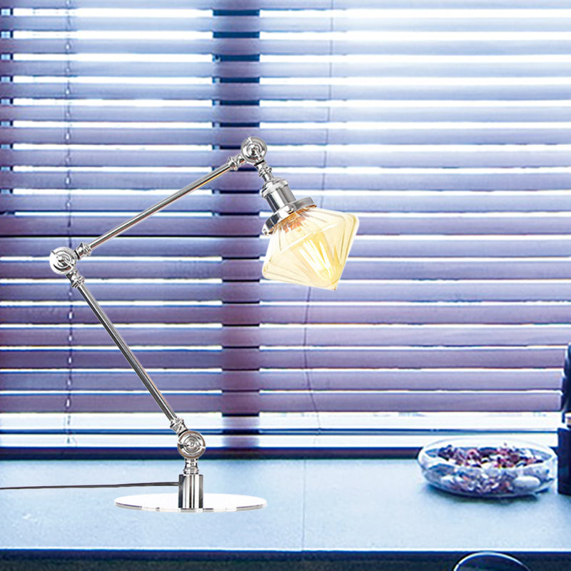 Vintage Diamond Shade Table Lamp Amber/Clear Glass 1 Light Living Room Table Light with Adjustable Arm in Black/Brass Clearhalo 'Lamps' 'Table Lamps' Lighting' 262099