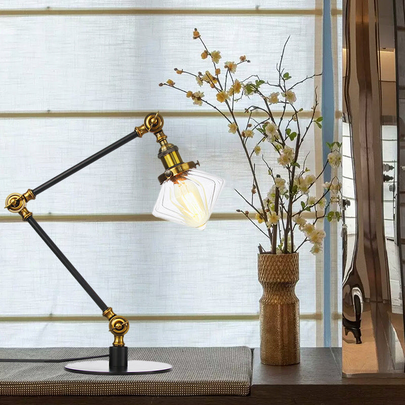 Vintage Diamond Shade Table Lamp Amber/Clear Glass 1 Light Living Room Table Light with Adjustable Arm in Black/Brass Clearhalo 'Lamps' 'Table Lamps' Lighting' 262107