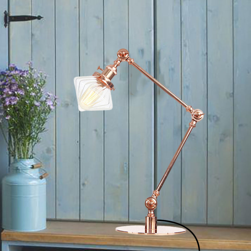Vintage Diamond Shade Table Lamp Amber/Clear Glass 1 Light Living Room Table Light with Adjustable Arm in Black/Brass Copper Clear A Clearhalo 'Lamps' 'Table Lamps' Lighting' 262114