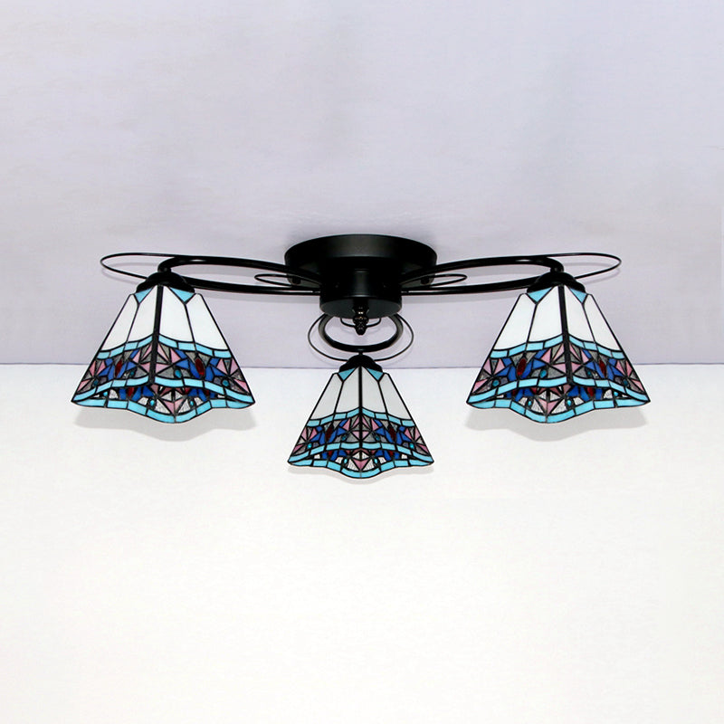 Geometric Ceiling Light with Art Pattern Tiffany Style Stained Glass 3 Lights Flushmount Ceiling Light in Black Clearhalo 'Ceiling Lights' 'Close To Ceiling Lights' 'Close to ceiling' 'Glass shade' 'Glass' 'Pendant Lights' 'Semi-flushmount' 'Tiffany close to ceiling' 'Tiffany' Lighting' 26212