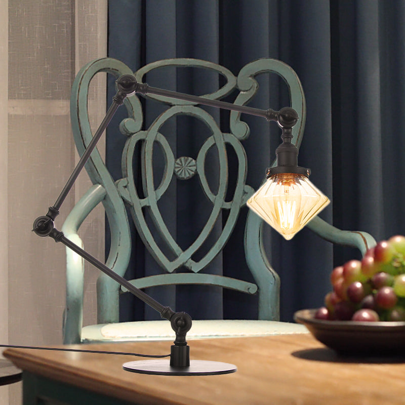 Vintage Diamond Shade Table Lamp Amber/Clear Glass 1 Light Living Room Table Light with Adjustable Arm in Black/Brass Black Amber B Clearhalo 'Lamps' 'Table Lamps' Lighting' 262122