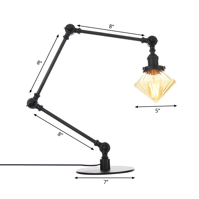 Vintage Diamond Shade Table Lamp Amber/Clear Glass 1 Light Living Room Table Light with Adjustable Arm in Black/Brass Clearhalo 'Lamps' 'Table Lamps' Lighting' 262125