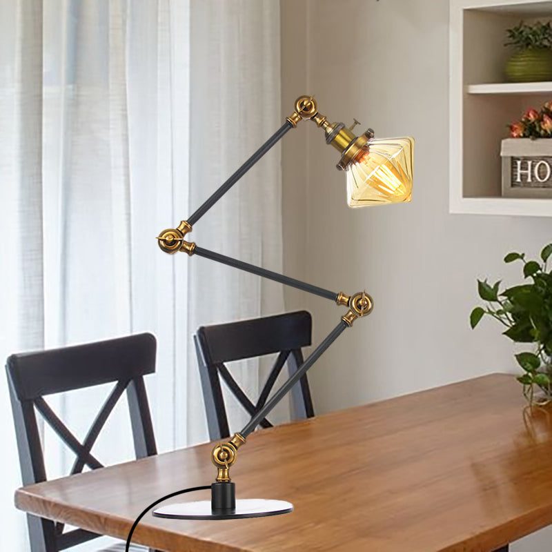 Vintage Diamond Shade Table Lamp Amber/Clear Glass 1 Light Living Room Table Light with Adjustable Arm in Black/Brass Clearhalo 'Lamps' 'Table Lamps' Lighting' 262127