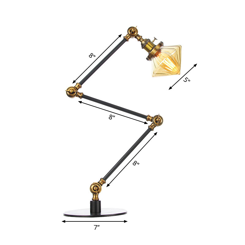Vintage Diamond Shade Table Lamp Amber/Clear Glass 1 Light Living Room Table Light with Adjustable Arm in Black/Brass Clearhalo 'Lamps' 'Table Lamps' Lighting' 262129