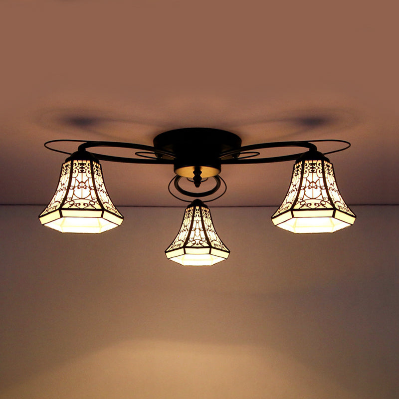 Geometric Ceiling Light with Art Pattern Tiffany Style Stained Glass 3 Lights Flushmount Ceiling Light in Black Black Wire Mesh Clearhalo 'Ceiling Lights' 'Close To Ceiling Lights' 'Close to ceiling' 'Glass shade' 'Glass' 'Pendant Lights' 'Semi-flushmount' 'Tiffany close to ceiling' 'Tiffany' Lighting' 26213